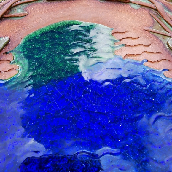 Red Clay Art Pottery Plate with Water Scene and Cat Tails / Bulrush - Picture 10 of 16